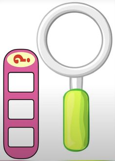 a magnifying glass next to a pink and green object on a white background