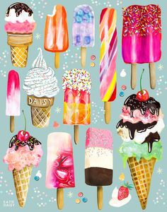 an image of ice creams on sticks painted in watercolor and pastel colors