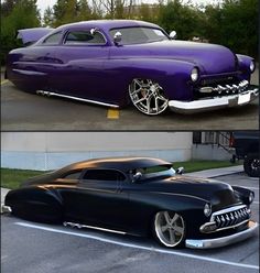 an old car with chrome rims parked in a parking lot next to another classic car