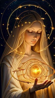 a woman holding a golden ball in her hands with stars around her and the moon above her