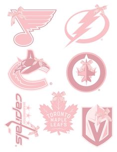 various logos and emblems are shown in pink on a white background, including the canadian maple leaf