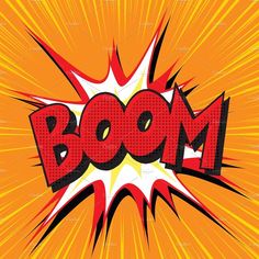 the word boom on an orange background with red and yellow rays in the center,