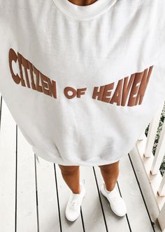 “But our citizenship is in heaven, and from it we await a Savior, the Lord Jesus Christ”Philippians 3:20Unisex FitUltra Soft Fabric3D Puff Print50% cotton, 50% polyesterPill-resistant air jet yarnDouble-needle stitching throughoutWash inside out, cold water, gentle cycle, tumble dry low Citizen Of Heaven, Jesus Apparel, Christian Crewneck, Clothing Wishlist, Cute Shirt Designs, Puff Print, Birthday Wishlist