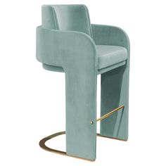 a blue chair with gold legs and arms