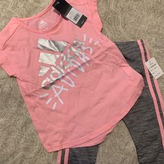 Adidas Girls Workout Outfit. Shirtsleeves And The Pants Are Cropped. Never Worn Adidas Casual Tops For Playwear, Casual Adidas Tops For Playwear, Pink Adidas Cotton Set, Adidas Pink Cotton Sets, Pink Cotton Adidas Sets, Casual Adidas Sets For Spring, Pink Short Sleeve Sports Set, Pink Stretch Short Sleeve Sets, Adidas Pink Playwear Sets