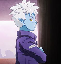 an animated image of a man with white hair wearing a purple jacket and standing in front of a window