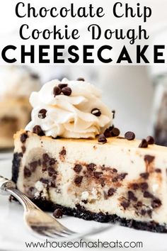 a slice of chocolate chip cookie dough cheesecake on a plate