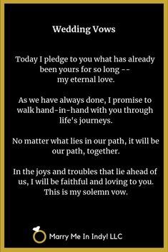 a poem written in black and gold with the words wedding vows on it's side