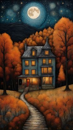 a painting of a house in the woods at night