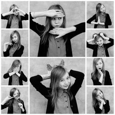 black and white photos of a woman posing for pictures with her hands on her head