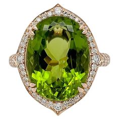 10.03 Carat Peridot and Diamond Ring in 18K Rose Gold For Sale at 1stDibs Thai Modern, Gold For Sale, Fine Jewellery, Cocktail Rings, 18k Rose Gold, The Star, Floral Motif, Or Rose, Halo