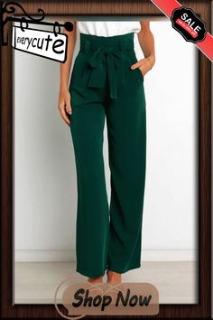 Green Wide Leg High Waist Pocket Pants with Belt Casual Green Wide-leg Dress Pants, Green High Waist Dress Pants With Pockets, High Waist Green Dress Pants With Pockets, Green High-waisted Dress Pants With Pockets, Green Dress Pants With Pockets, Green Straight Dress Pants With Pockets, Green Ankle-length Dress Pants With Pockets, Belt Bottoms, Pants With Belt