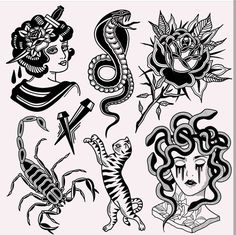 black and white drawings of women with tattoos on their faces, including an image of a snake