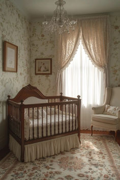 a baby's room with a crib, chair and chandelier in it