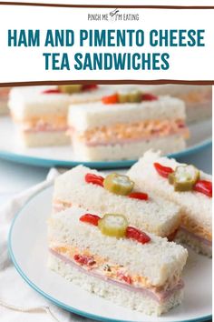 ham and pimentoo cheese tea sandwiches on a plate with the title text overlay