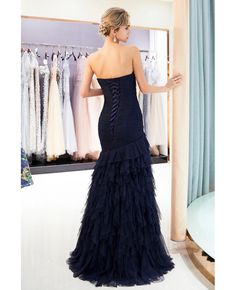 Buy Strapless Sweetheart Dark Navy Cascading Ruffled Prom Dress With Pleated Bodice at affordable price online. Free shipping and pro custom service since 2009. Wedding Dress Outlet, Blue Tulle Prom Dress, Navy Evening Dresses, Tiered Tulle Skirt, Navy Blue Prom Dresses, Mermaid Sweetheart, Prom Dresses With Pockets, Evening Dress Floor Length, Strapless Corset