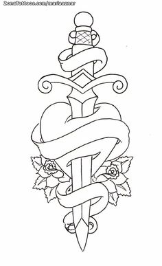 a heart and dagger tattoo design on a white background with the word love written in it