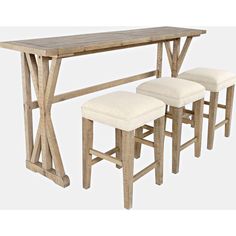 the table and stools are made out of wood with white upholstered seats