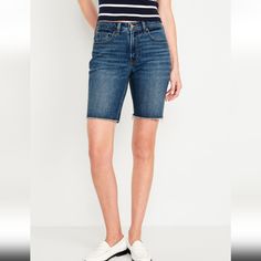 The Slim-Fit Bermuda Bringing Bermudas Back. They're Our Right-Now Take On A Throwback Fave And We've Got Them On Permanent Standby. Fit: Cut Slim Through The Hip And Thigh With A Longer Leg. Fabric: 94% Cotton, 5% Recycled Materials, 1% Stretch. Stretch: Low Stretch Jeans. Our Most Comfortable Authentic Denim. Holds You In At The Hips & Waist But Feels Easy Everywhere Else. Rise: High Rise Denim Shorts. Look: A Five-Pocket Jean Short With A Raw Hem. Details: Zip Fly & Five-Pocket Styling. Gap Jeans Women, Blue Denim Pants, Bermuda Short, Jean Short, Girlfriend Jeans, High Rise Denim Shorts, High Rise Denim, Gap Jeans, Fitted Skirt