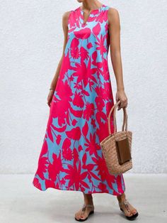 Red Boho Collar Sleeveless Woven Fabric Plants,All Over Print Tank Embellished Non-Stretch  Women Plus Clothing Fabric Plants, A Line Long Dress, Long Red Dress, Red Boho, Print Tank, Rose Pink, Dress P, Plus Clothing, Summer Casual