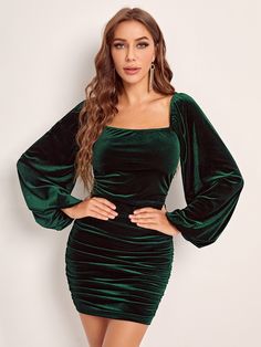 Lantern Sleeve Ruched Velvet Bodycon Dress Dark Green Elegant  Long Sleeve Flannelette Plain Bodycon Slight Stretch Spring/Fall Women Clothing, size features are:Bust: ,Length: ,Sleeve Length: Green Semi Formal Dress Long Sleeve, Emerald Green Velvet Dress Short, Velvet Green Dress Long Sleeve, Velvet One Piece Dresses, Short Christmas Dresses, Long Sleeve Green Dress, Green Sparkly Dress, Rapunzel Cosplay, Velvet Dress Short