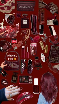 a collage of various items including lipstick, nail polishes and other things on a red background