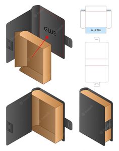 three different views of an open and closed box with labels on the front, side, and back sides