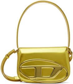 Patent leather shoulder bag in metallic yellow. · Fixed shoulder strap · Adjustable and detachable crossbody strap · Logo hardware at face · Magnetic press-stud flap · Patch pocket at two-compartment interior · Logo-woven moiré lining · H5 x W7.5 x D2.25 Supplier color: Yellow Modern Gold Bag With Logo Hardware, Gold Crossbody Bag With Logo Hardware, Gold Rectangular Bag With Logo Hardware, Rectangular Gold Bag With Logo Hardware, Designer Gold Shoulder Bag With Logo Hardware, Modern Gold Flap Bag With Adjustable Strap, Modern Gold Flap Bag With Branded Hardware, Modern Gold Flap Bag With Metal Hardware, Modern Gold Shoulder Bag With Branded Hardware