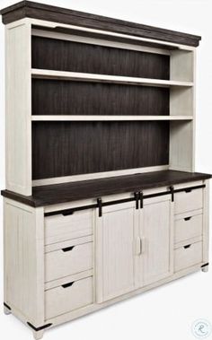 a white and black bookcase with drawers