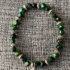 Genuine Green Tigers Eye Silver Metal Spacer Beads 7in Handmade By Me Elegant Green Charm Bracelet With Round Beads, Casual Silver Round Crystal Bracelet, Green Sterling Silver Bracelets With Silver Beads, Green Sterling Silver Beaded Bracelets, Green Sterling Silver Bracelet With Silver Beads, Casual Silver Crystal Bracelet With Round Beads, Elegant Green Beaded Charm Bracelet, Green Beaded Bracelets With Silver Beads, Green Round Metal Bead Jewelry