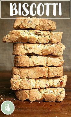 a stack of cookies sitting on top of a wooden table