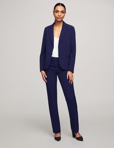 Our Executive Collection was created with the ambitious professional in mind to provide class and convenience for the woman who does it all. This 3-piece set is exactly what you need to start your capsule closet. Pair with your favorite Anne Klein blouse to finish the look. Jacket Notch collar, 2 button closure, front pockets Lined Pants Inseam for size 8: 33" Mid Rise, Straight leg, back pockets Unlined Skirt Approx. 22" in length Knee length Back zipper with hook-and-eye closure Slit at center Navy Blue Suit Women's, Navy Suit Women, Fair Attire, Business Fits, Business Professional Dress, Women Lawyer, Cream Suit, Executive Woman, Lesbian Fashion