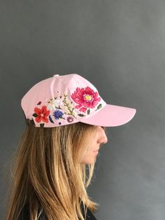 Custom Hand Stitched Hat / Hand Embroidered Hat / Flower | Etsy Cotton Baseball Cap With Floral Embroidery, Trendy Embroidered Pink Baseball Cap, Adjustable Floral Embroidered Baseball Cap, Embroidered Pink Baseball Cap, Baseball Mom Hat, Embroidered Flower Baseball Cap, One Size, Custom Embroidered Hats, Mom Hats, Womens Baseball Cap