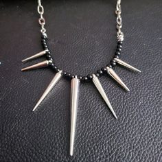 Silver & Black Spiked Beaded Gothic Necklace Tags: Goth Punk Spike Spikes Women's Statement Necklace Alt Spikes Aesthetic, Alt Goth, Spike Necklace, Fairy Jewelry, Gothic Accessories, Gothic Necklace, Goth Punk, Silver Bead, Accessories Jewelry Necklace