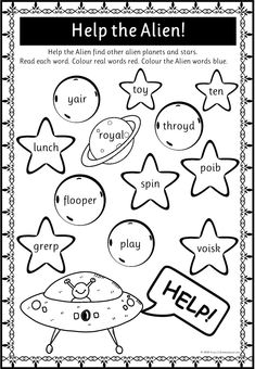 an alien themed worksheet with words and pictures