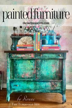 an old dresser with books and vases on top is featured in the painted furniture magazine