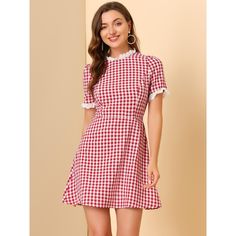 With the above-knee-length style, this Regular Fit plaid-print short-sleeve dress is fitted at the bust and waist. Featuring a lace neckline, and plaid print, it has an invisible side zip. Show your feminine style with this sweet lace-up round-neck dress. Soft fabric ensures all-day comfort. It is a perfect choice for weekends, holidays, and daily wear. A good choice for your wardrobe, a classic plaid design will always be on trend. Fitted Plaid Short Sleeve Mini Dress, Fitted Plaid Mini Dress With Short Sleeves, Fitted Red Plaid Dress With Short Sleeves, Red Fitted Plaid Dress With Short Sleeves, Red Preppy, Plaid Summer Dress, Pan Collar Dress, Dresses Shein, Peter Pan Collar Dress