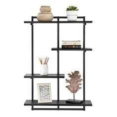 three shelves with books, plants and pictures on top of each shelf in front of a white background