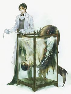 a man standing in front of a glass box with an animal inside and another person behind it