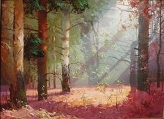 a painting of a forest with red leaves