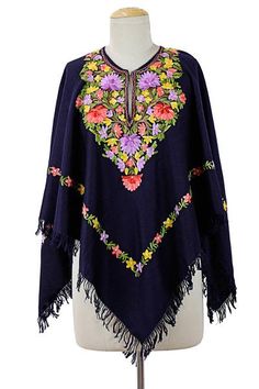 Wool poncho, 'Royal Garden' - Dark Blue Wool Poncho with Pastel Flower Embroidery Kashmiri Suits, Kashmir Valley, Boho Poncho, Fringe Poncho, Pakistani Fashion Party Wear, Wool Poncho, Fringed Poncho, Lavender Pink, Spring Boho