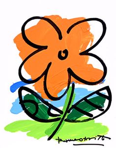 an orange flower with green leaves and blue sky in the background, on white paper