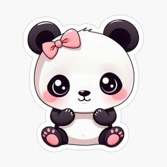 a cute panda bear with a pink bow on its head sticker is sitting down