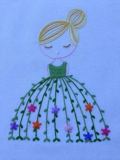 a drawing of a girl in a green dress with flowers on the skirt and her eyes closed