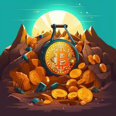 a pile of gold bitcoins sitting on top of a rocky hill with mountains in the background