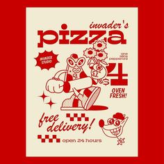 a red poster with an advertisement for pizza