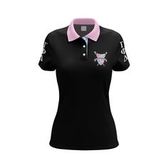 a women's black polo shirt with pink collar and white letters on the chest