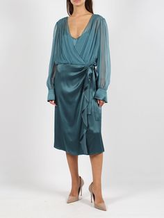 100% Se Evening V-neck Faux Wrap Midi Dress, Silk Midi Dress With Gathered Sleeves And V-neck, Blue Silk Long Sleeve Kimono, Blue Silk V-neck Kaftan, Alberta Ferretti 90s, Silk Wrap Dresses, Tom Ford Handbags, Embellished Gown, Golden Goose Deluxe Brand