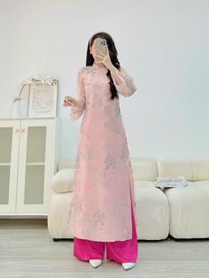 Ao Dai Em Kim -  Are you in need of Vietnamese Ao Dai for Lunar New Year, Mid-Autumn Festival, Wedding and engagement or Family, couple photoshoot....? Check out our Ao Dai shop with finest premium collection in the USA. Our collection features the most finest material, a diverse range of sizes and designs, all offered at the best prices, ensuring you find the perfect pieces to elevate your wardrobe and make you feel beautiful and happy in your Vietnamese traditional attire. ✅ This set includes one Ao Dai Dress and 1 Pants Style: Modern Ao Dai Material:  Stretchy :  ✅ Welcome to Ao Dai Em Kim USA. Here are reasons to choose from us. * Customer satisfaction is our number one criteria.  * High- quality premium material. * Variety of styles and sizes: * Perfect for any occasion * New and wide Pink Ao Dai With Floral Embroidery For Wedding, Wedding Ao Dai In Pink With Floral Embroidery, Wedding Ao Dai With Pink Floral Embroidery, Wedding Pink Ao Dai With Floral Embroidery, Vietnamese Ao Dai, Family Couple, Pink Embroidery, Grand Prairie, Autumn Festival