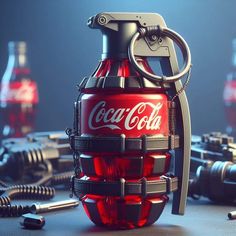 a coca - cola bottle shaped keychain sitting on top of a table next to other bottles